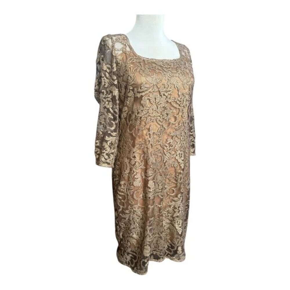 Kay Unger Gold Lace 3/4 Length Sleeve Slip Dress Cocktail Party Formal Size 8 - Picture 2 of 8